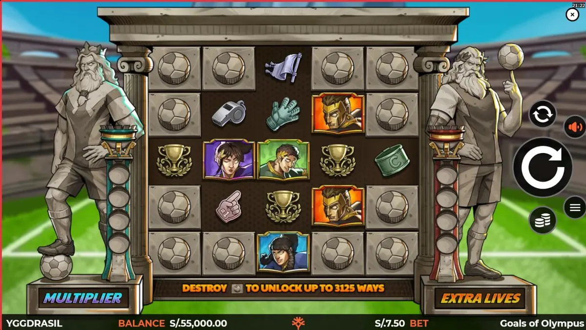 Goals of Olympus BoltLock slot game interface featuring Zeus and football elements