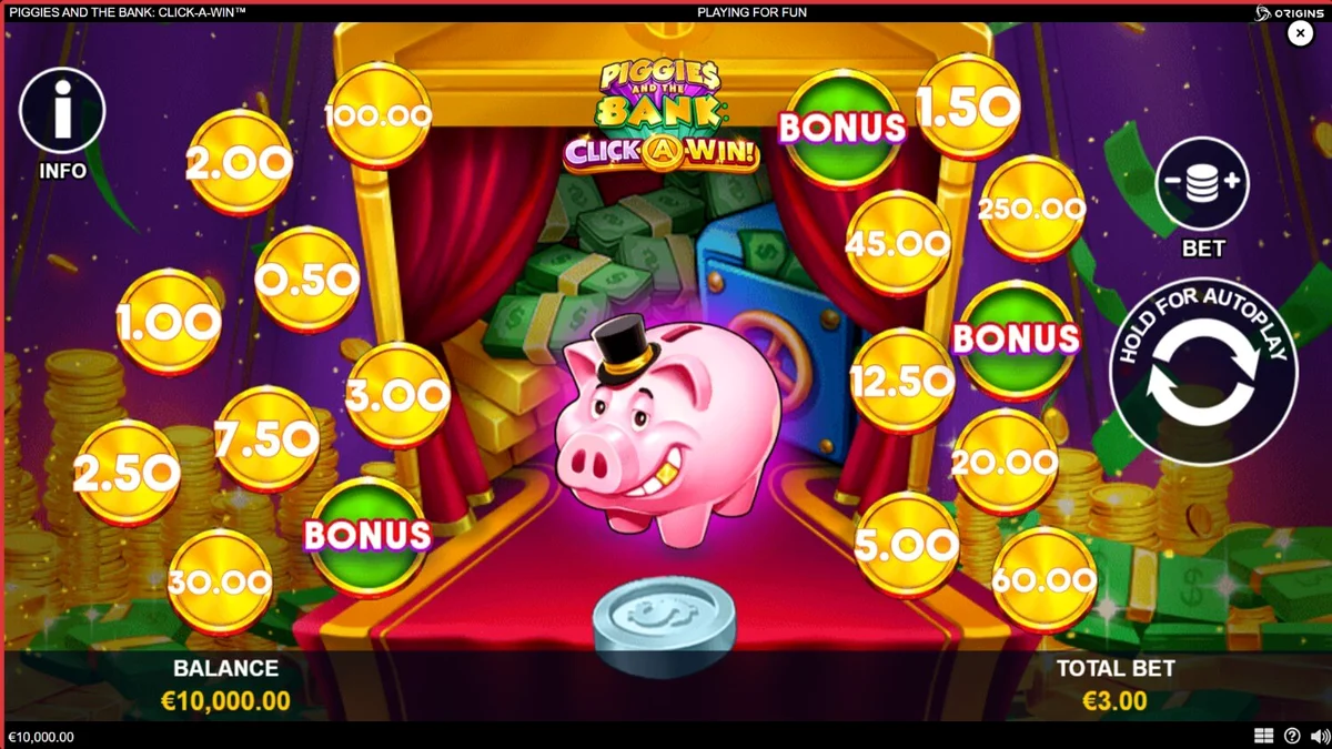 Piggies and the Bank: Click-A-Win سلاٹ گیم کا ایک رنگین اور پرکشش منظر