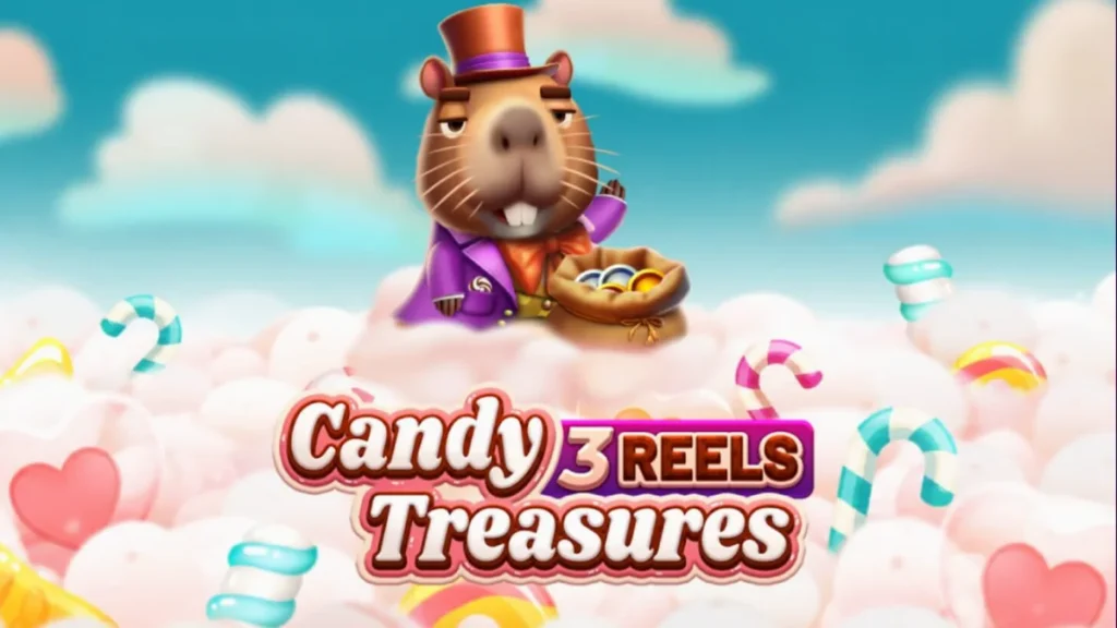 Candy Treasures 3 Reels slot machine interface showing colorful candy symbols and festive graphics